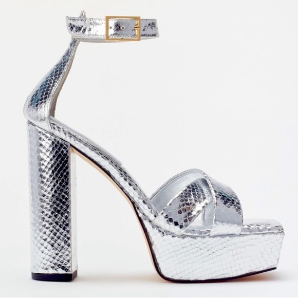 Good American Platform Block Heel Sandals In Silver Snake Size 8 NIB - Picture 6 of 8